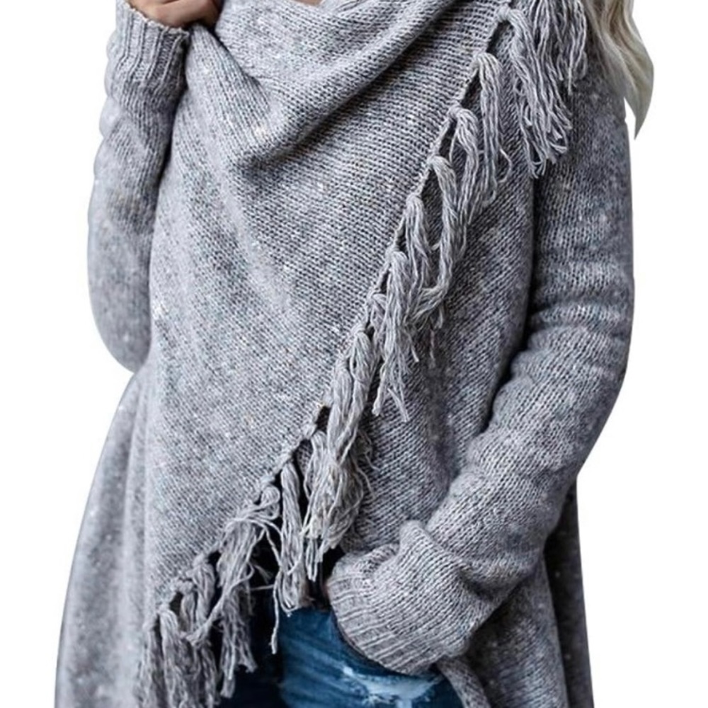 Tassel Knot Sweater Long Cardigan Pullover Poncho Blue White Light Wight Small